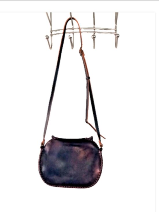 Leather Cat Face Crossbody Bag Hand Tooled Embossed Black Boho Whipstitch - Picture 9 of 14